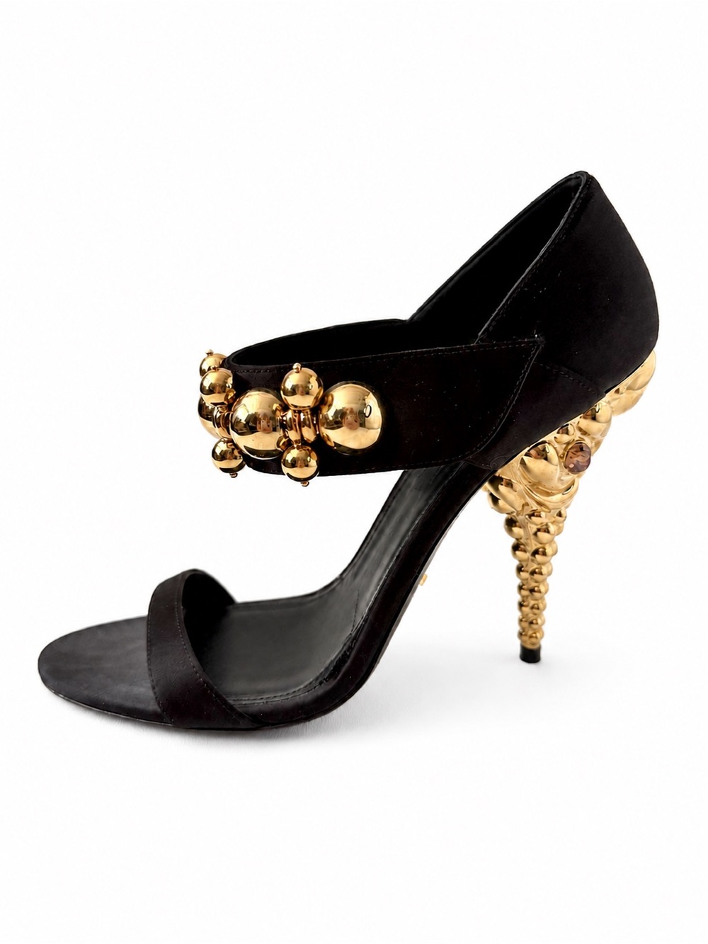 PRADA | Black Satin Jeweled Sculptural Gold Heel Sandals EU 40